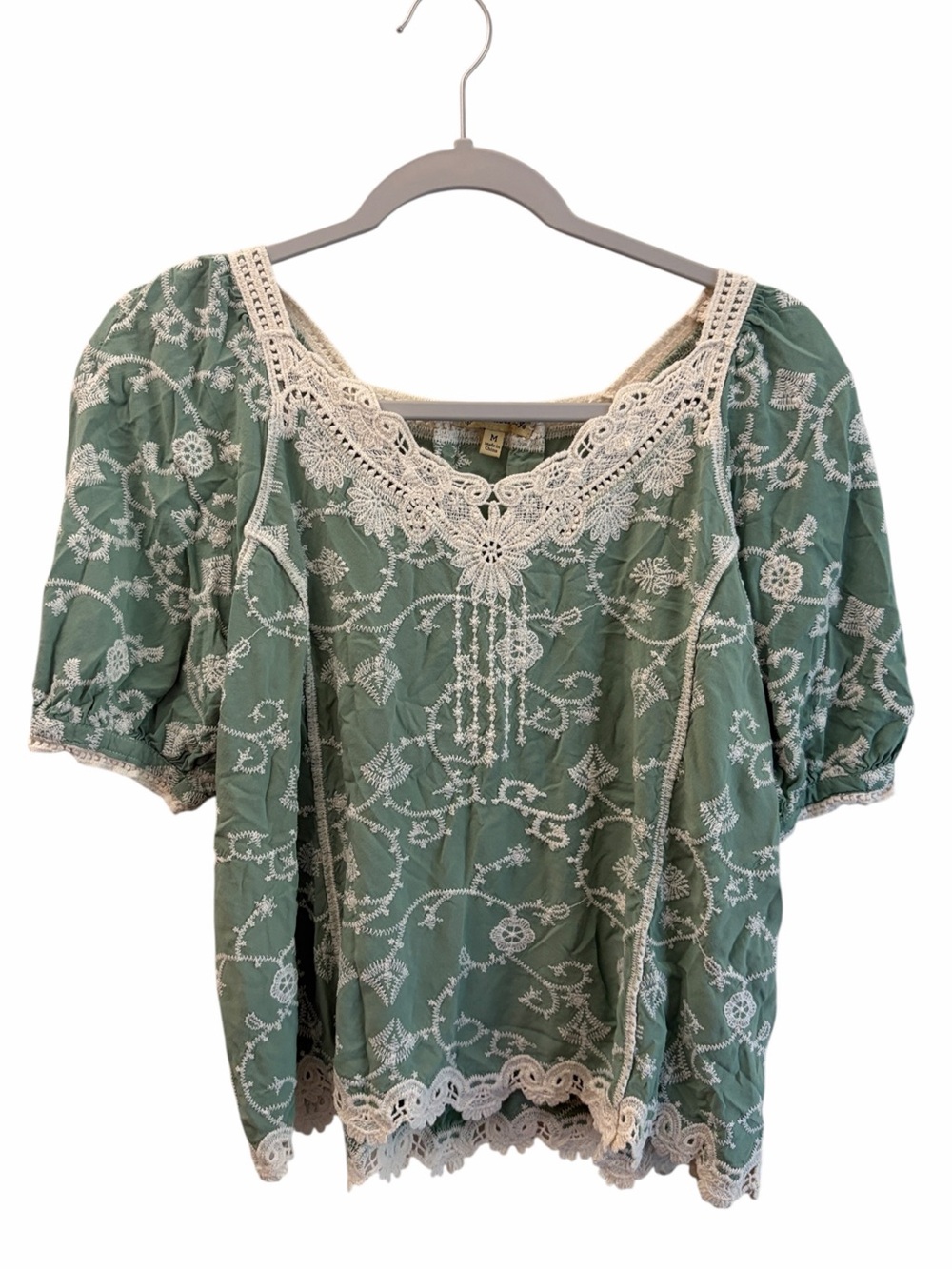Democracy Ren Faire Boho Chic Embroidered Lace-Trim Sage Green Peasant Top M
